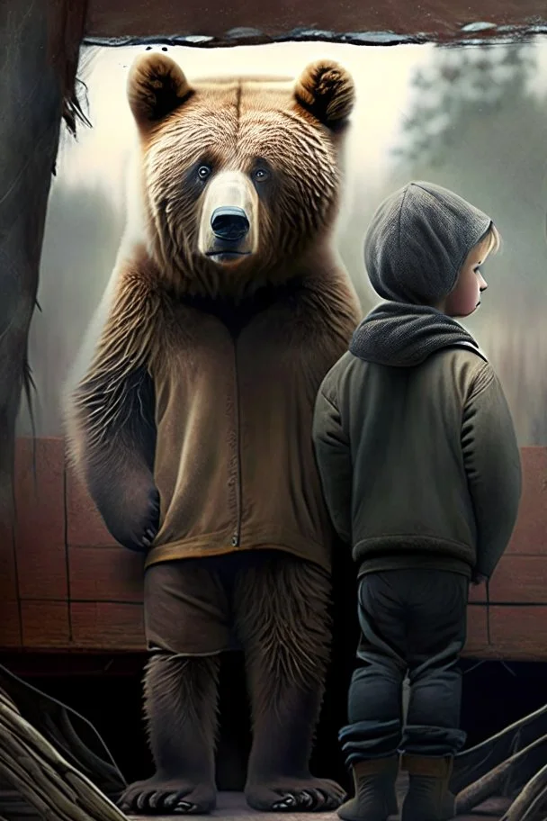 Behind two boys a bear