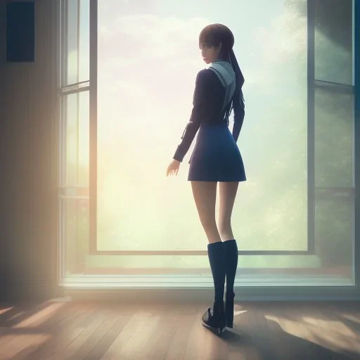 Anime, female student studying by the window,perfect face, cool face, ultra detail, unreal engine 5, cinema4d, sun light, studio lighting --ar 1:1 --v 4