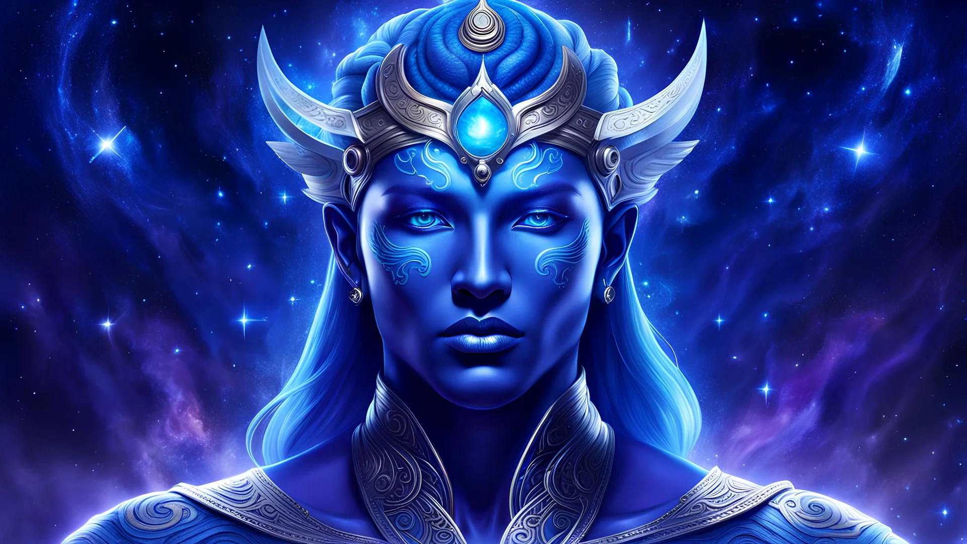 Full body portrait of a peaceful guardian God of the galaxies with a blue indigo purple skin, high skul, luminous eyes