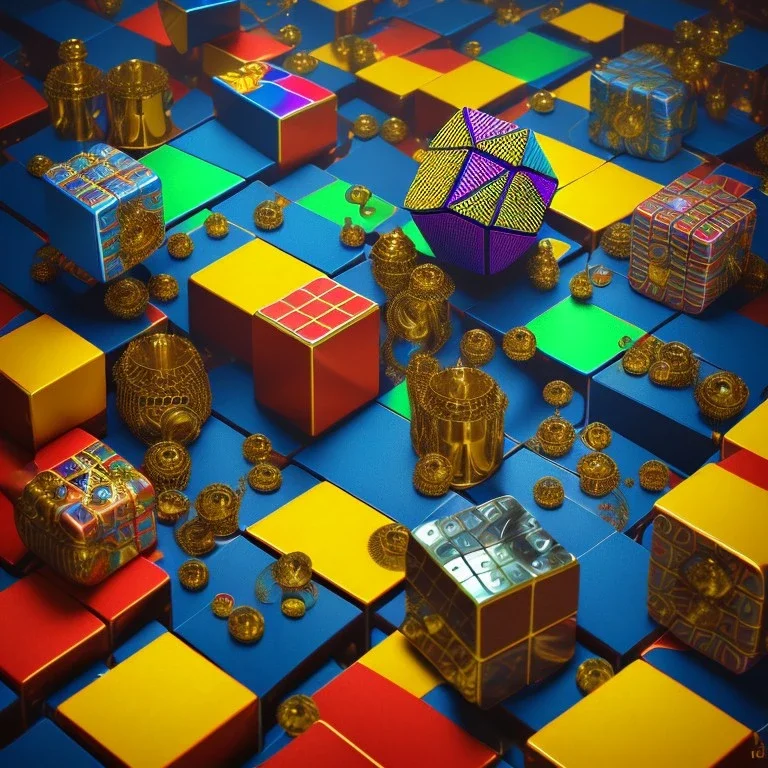 kente scene, thread, melting Rubik's cube, flying symbol, steampunk floor, embroidery, octane render, high detail