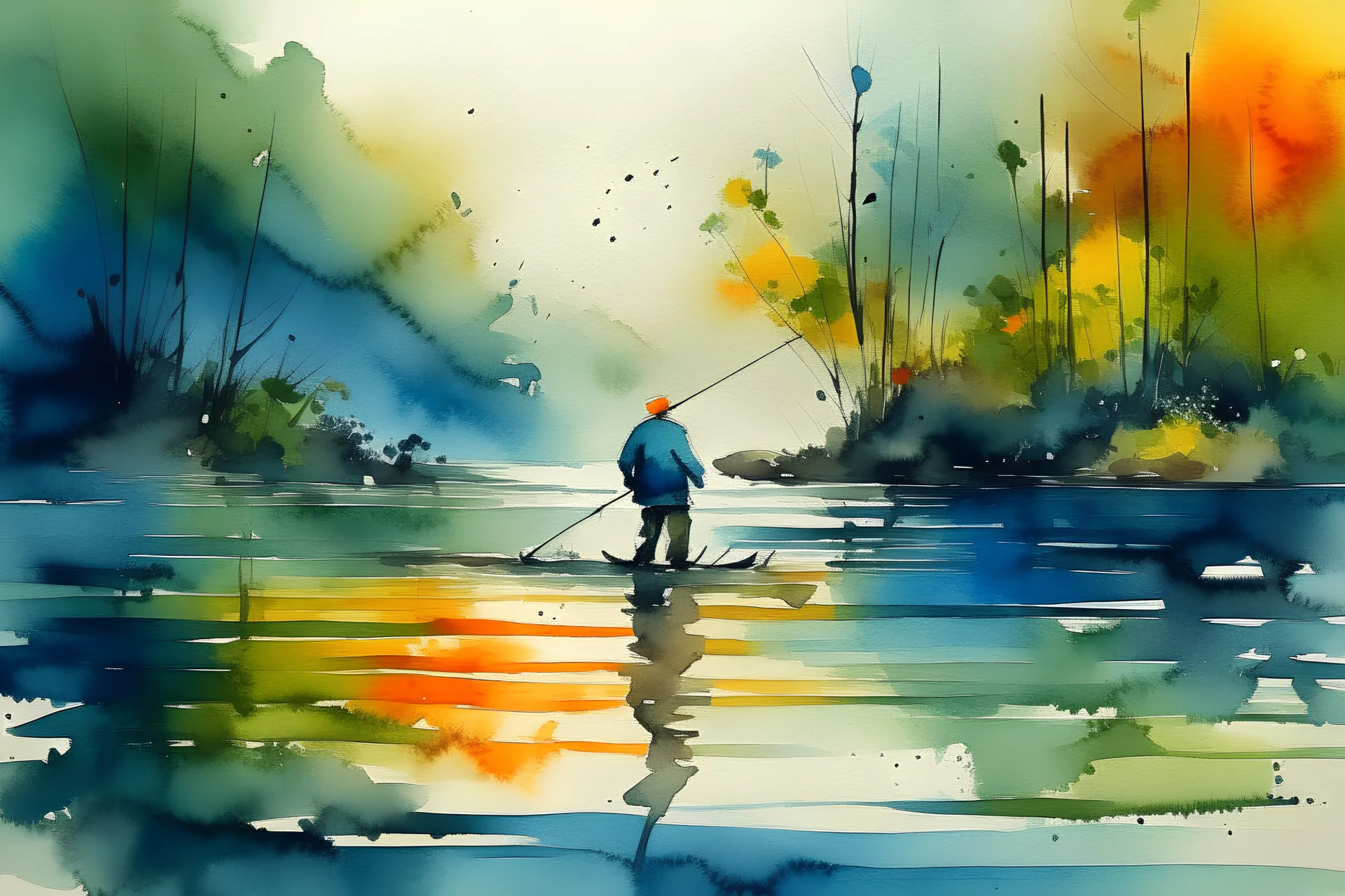 a man fishing in the lake abstract watercolour