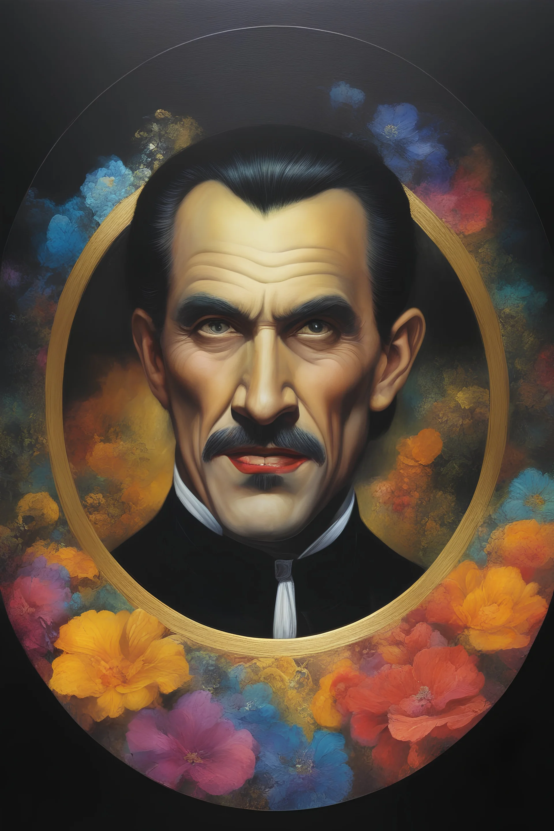 Count Dracula's face inside a small gold circle, multicolored, large, Floral/rainbow designs, atmospheric, beautiful, bright, vibrant colors, pitch-black background, oil painting by Boris Vallejo, 4k UHD, Photorealistic, professional quality