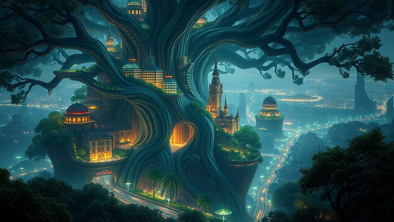 A breathtaking futuristic city built inside a giant tree, with buildings spiraling up the branches and glowing, bioluminescent plants lighting up the streets at night. Photographic quality and detail, award-winning image, beautiful composition.