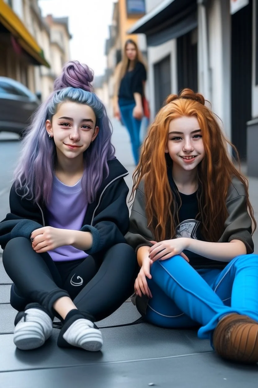 iki kız beraber sokakta oturuyorlar yaşları daha büyük liseliler daha renkli kızlardan birinin saçı kabarık diğerininki ise biraz uzun geniş açı ikisininde vücudu tam görünsün 2 boyutlu çizgi roman tarzı koyu gölgelendirme
