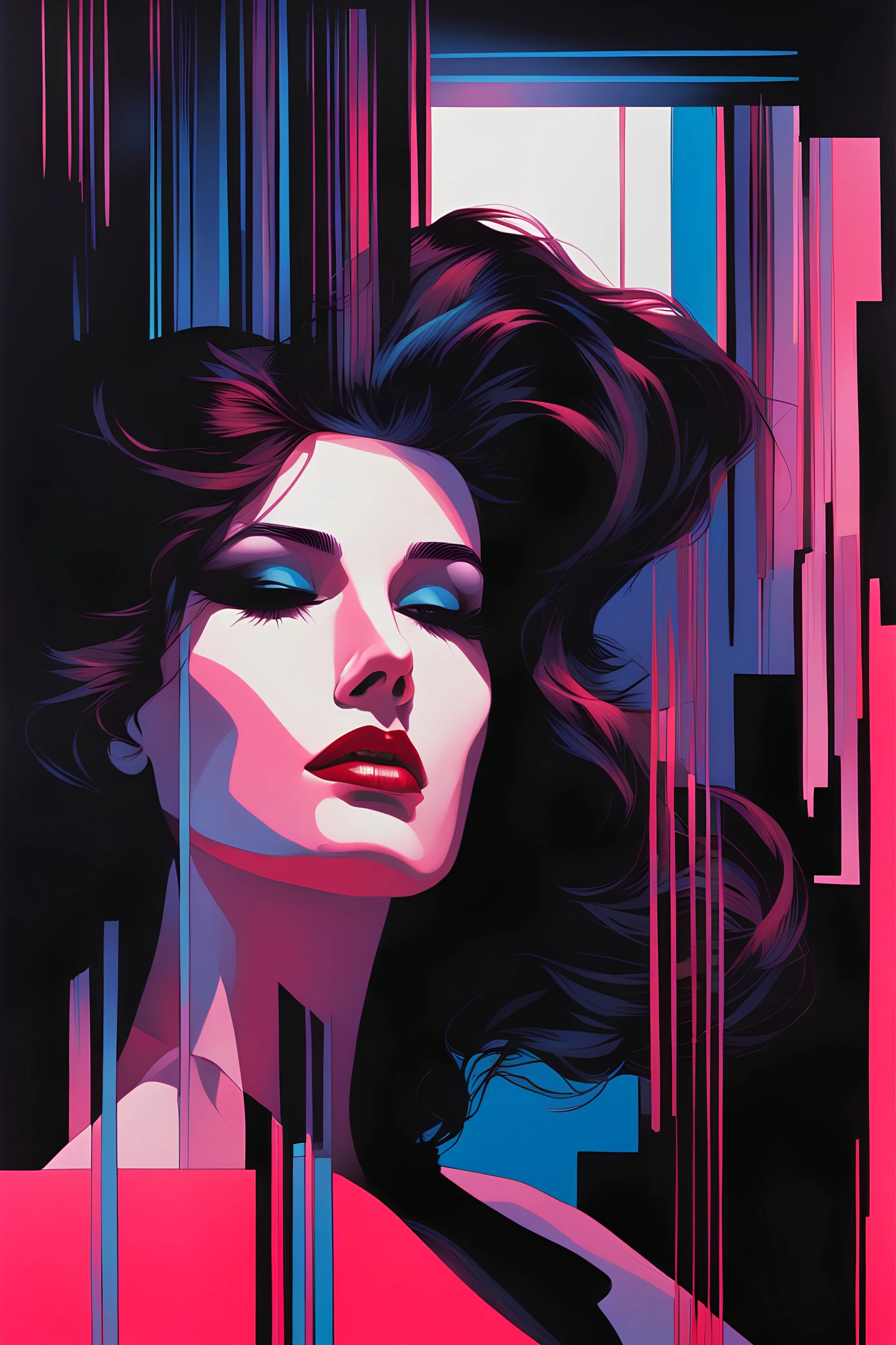close-up ((head down ((((man)))) in sorrow-eyes closed)) - long floating brown hair ((shattered in many ghostly overprinted faces)) of women and men ((surrounding shadow faces)). Misty red to pink blue Dark mood, Oil neon painting Expressionit art ((80's horror poster)), Patrick Nagel, synthwave, Photo realistic.