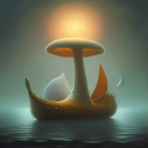 a noctilucent boat made of a mushroom on the ocean at night by artist "Michiel Schrijver",by artist "Leonora Carrington",by artist "Pinhole Photography"