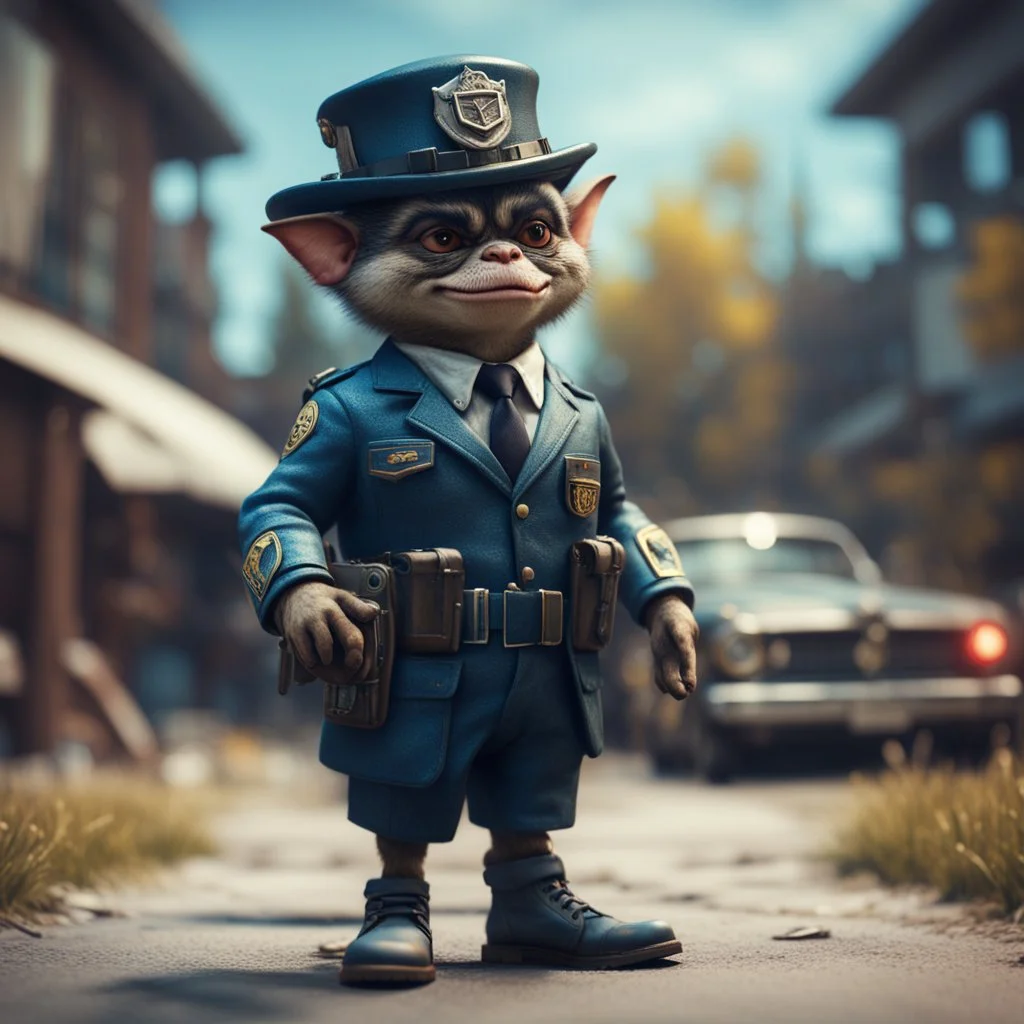 gremlins pimp policeman with rocket boots in the backyeard, in the style of a fallout 4,bokeh like f/0.8, tilt-shift lens 8k, high detail, smooth render, down-light, unreal engine, prize winning