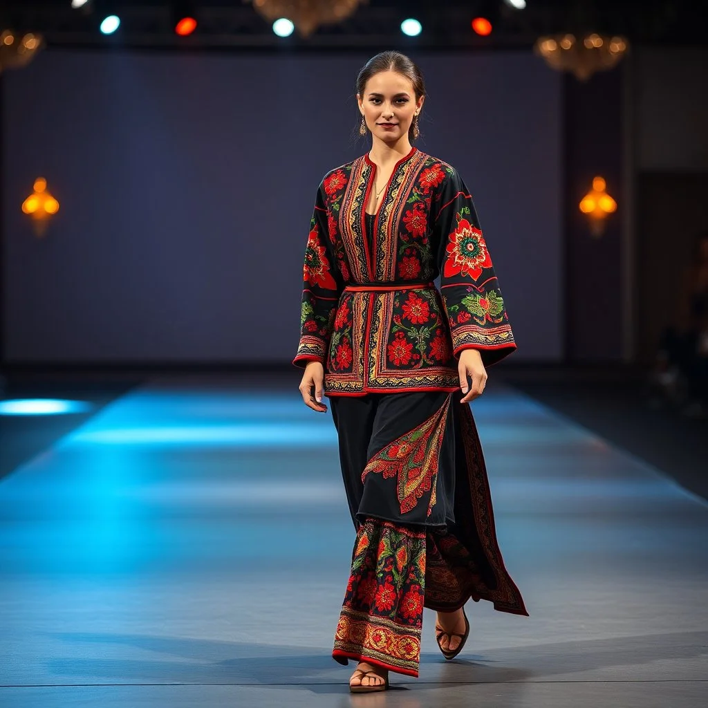 A full-body shot of a beautiful lady wearing azeri folk jacket and pants walking on a nice stage and looking at the camera