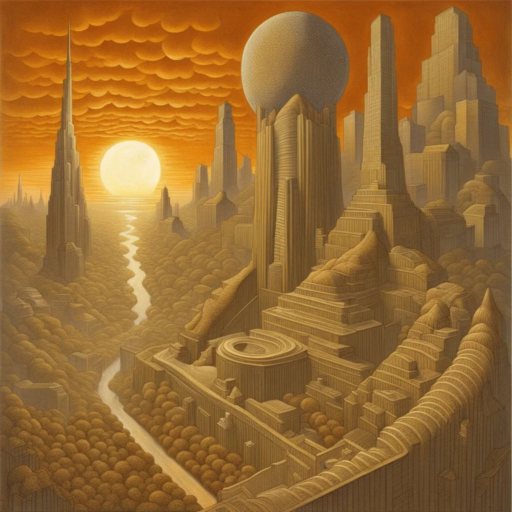 art by John T. Biggers, painting, landscape , Feigned The Palace of Asgard and Tokyo, at Dawn, Illustration, Hopeless, 70s Science Fiction, Provia, overly complex style