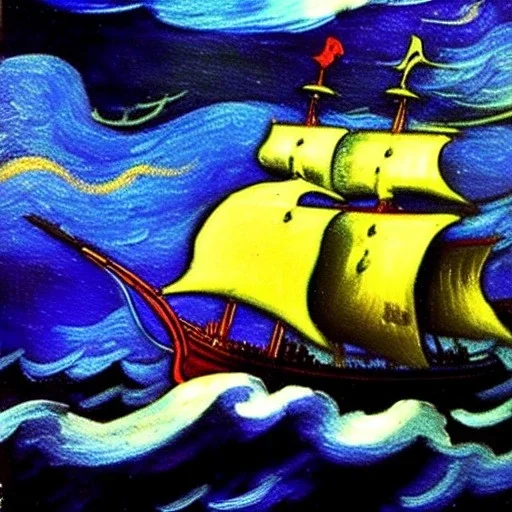 Dibujo al oleo de un Viejo Galeón Pirata navegando en la tormenta, Rayos y truenos, con nubes estilo Vincent van Gogh 8k