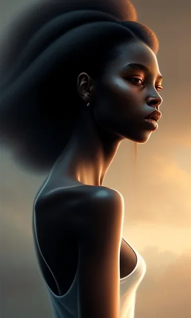 black girl, cute, beautiful, long hair, head and shoulders portrait by Greg Rutkowski