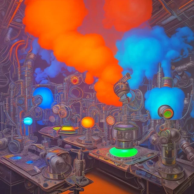 group of scientists is in the laboratory. invent new colors. smoke rises from multi-colored glassware. they are wearing overalls. color swatches in the background. hyperdetailed, orange and teal, warm colors, detailed painting, photorelistic, oil on canvas, light dust, futuristic. volumetric lighting