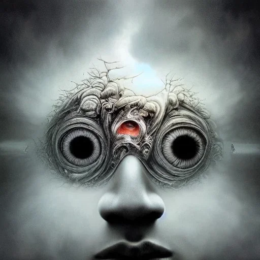 multiple eyes, eye in mouth, surrealism, high-quality, fine-detail, intricate, ornate, zdzislaw beksinski, george grie, ben goossens, igor morski, 8k resolution, digital art, volumetric lighting, hands, face, reflection, the future, agony, muted, multiple colors, sharp and crisp, greg rutowski