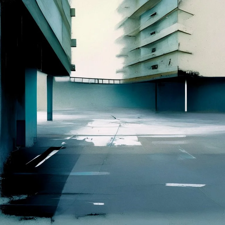 Minimal abstract oil painting in a desolate 1960s carpark concrete fragments and road markings. Broken pipes. Blurry outlines. In the style of Justin Mortimer and Francis Bacon.