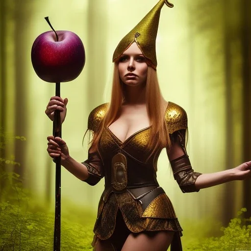 portrait cute female gladiator in gown and witch hat, holding big black apple, in blurry golden forest