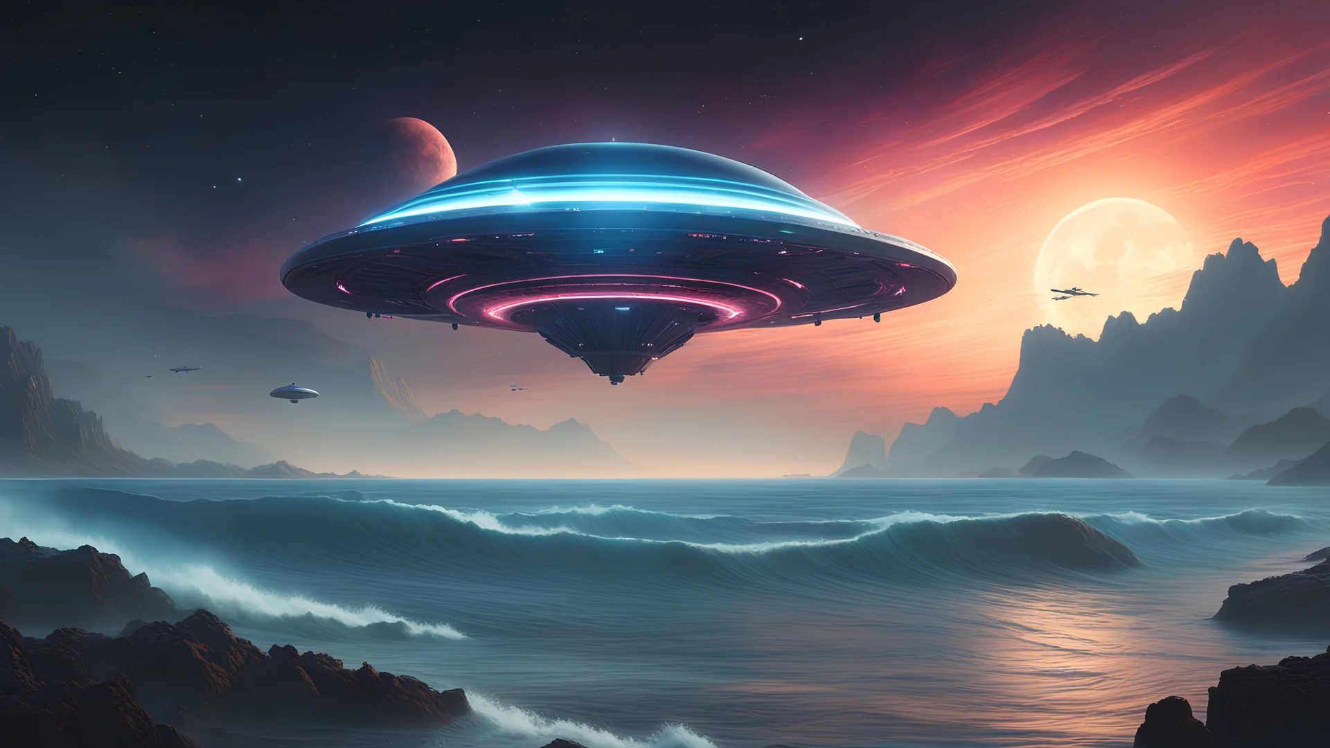 An ufo , very precise, hublot with color blueflying above sea water, outer space, vanishing point, super highway, high speed, digital render, digital painting, beeple, noah bradley, cyril roland, ross tran, trending on artstation, background stars in the sky,