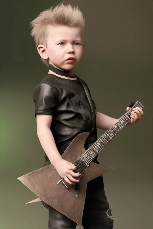 James hetfield toddler, full body, playing guitar, black leather wear, bokeh,hyper realistic