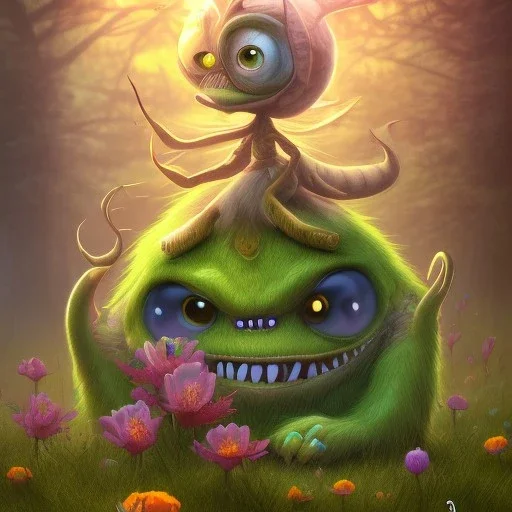 fabulous cartoon monster, with big eyes, forest, flowers, 4k, 4k 3d,detailed, horror, bonfire, gnomes, waterfall, butterflies, fairies