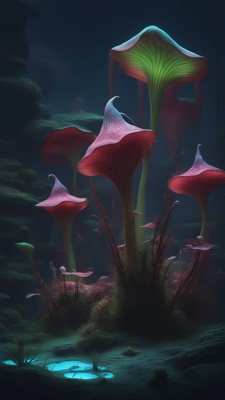 "3D HR Complex Unique and Beautiful Bioluminescent Carnivorous Plants, a breathtaking frontier fantasy artwork by Android Jones, Jean Baptiste monge, Alberto Seveso, Erin Hanson, Jeremy Mann. Minimalist highly detailed and complex professional_photography, masterpieces, 8k resolution concept art, Artstation, tricolor, Unreal Engine 5, cgsociety" Highly detailed ArtStation Concept Art Clear Focus Smooth cinematic 4K epic Details Serious Stoic ARTgerm AN's mature art. Bosch painting style,Busch