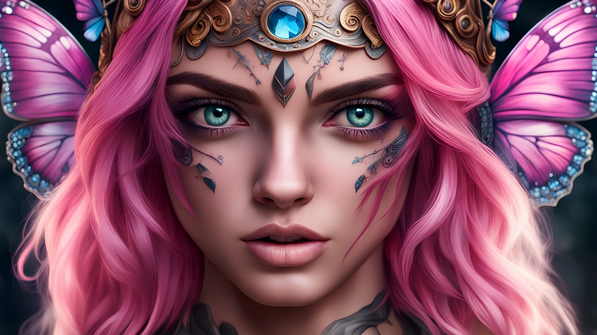 greek warrior girl, pretty eyes perfect eyes beautifull girl, highly detailed face, , tattoo body girl, dark design, beautiful face, pink hair , high quality, 32K ultra hd, hyper realistic, high definition, ultra details, beautiful effects, gems, butterflies