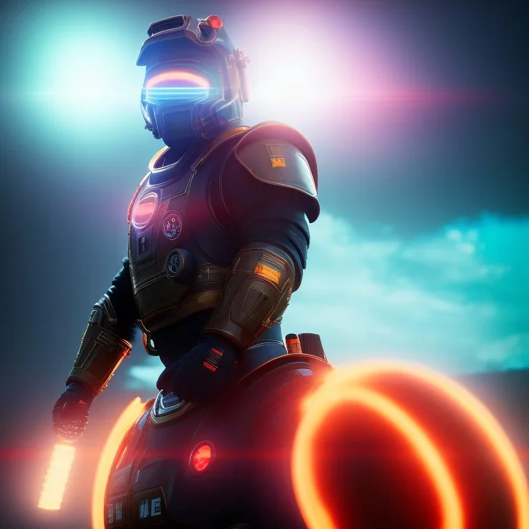 portrait, eternal samurai fusion space suit, floating in space, sun burning bright in background, neon light, 8k, 3d, blender