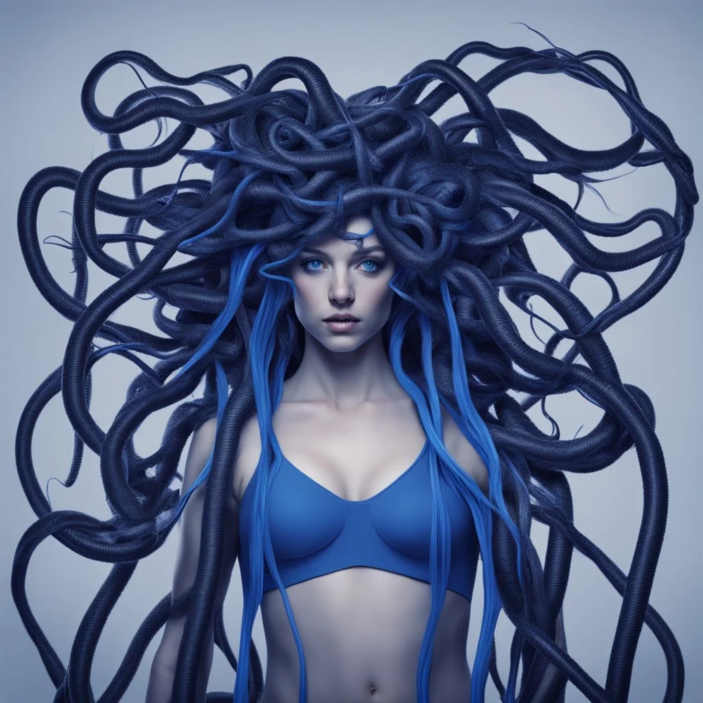 medusa as a human with blue internet cables for hair