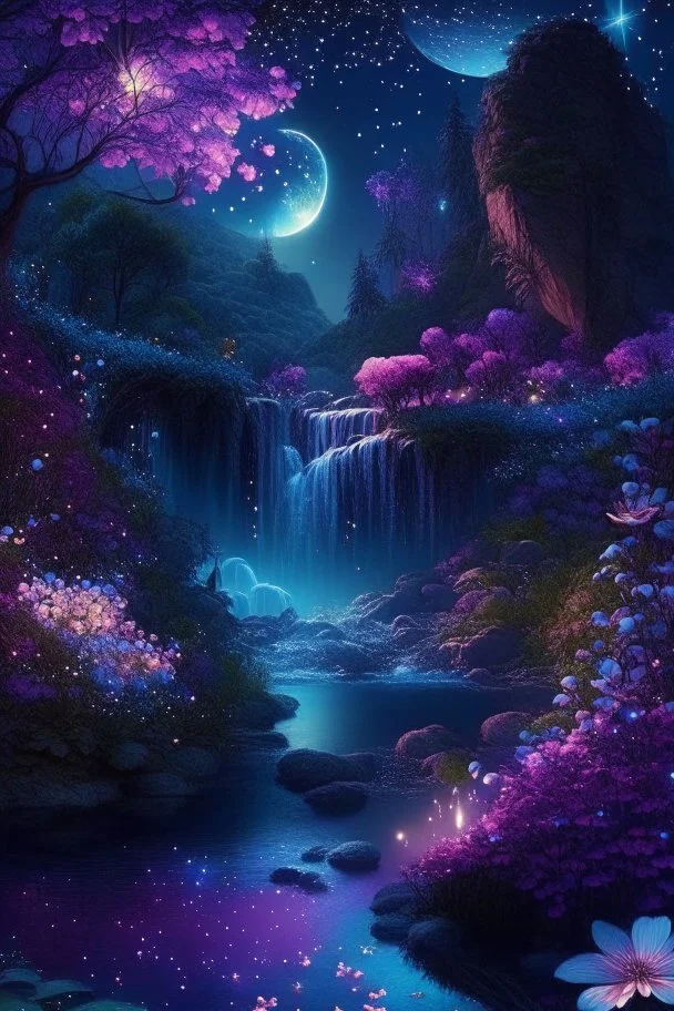 beautiful fairy land in space,night lights,flowers,river,waterfall,trees