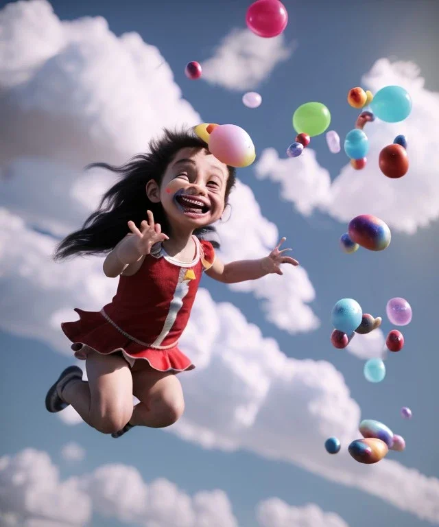 Ultra realistic speed clouds sky scene, wide angle view, childs falling down with many Childs background, circus dress style, feather color, free jumping flying, many trinkets, hair monster, many jelly beans, balls, color smoke, smile, happy, extreme, wind, clouds sea, 20,000 feet altitude, stratosphere, soft color, highly detailed, unreal engine 5, ray tracing, RTX, lumen lighting, ultra detail, volumetric lighting, 3d, finely drawn, high definition, high resolution.