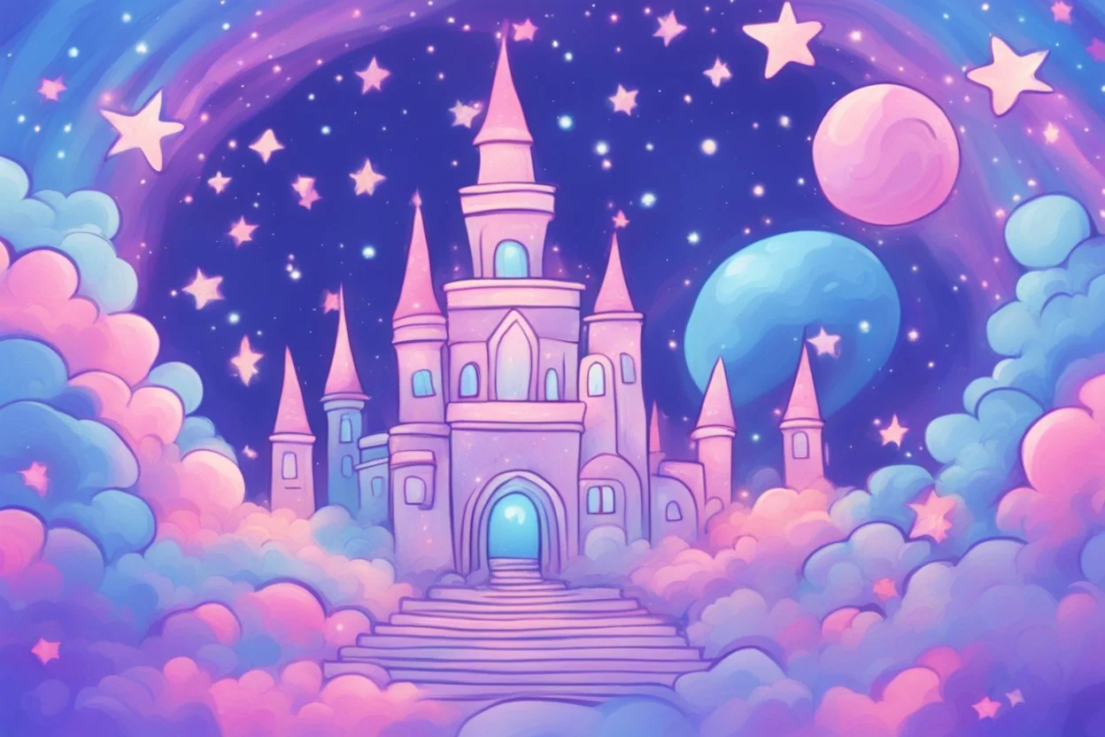 A magical galaxy drawing in the background, with lots of shining stars and bright colors. You can use blues, purples, and pinks to give your scene a whimsical feel.