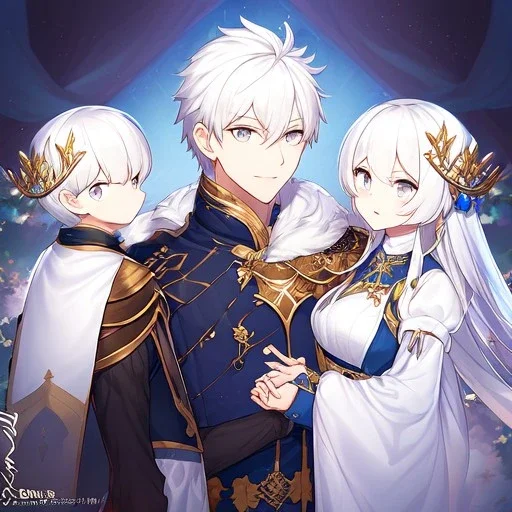 Twins, boy and girl, white hair, silver eyes, royal hall background