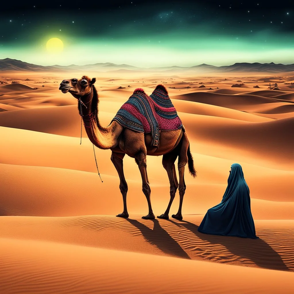 The Case of the Mysterious Glittering Camel at Night :: as written by Sir Arthur Conan Doyle, surreal, dark, mist. desert, spooky colors, cinematic effects