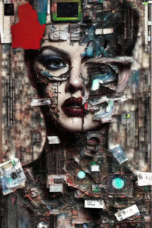 Ultra detailed medium portrait painting of anxiety , torn up collage of clippings, broken circuitry background, matrix effects, punk visual art, punk art aesthetic, graffiti art, pop surrealism, collage art, cluttered paint glitches