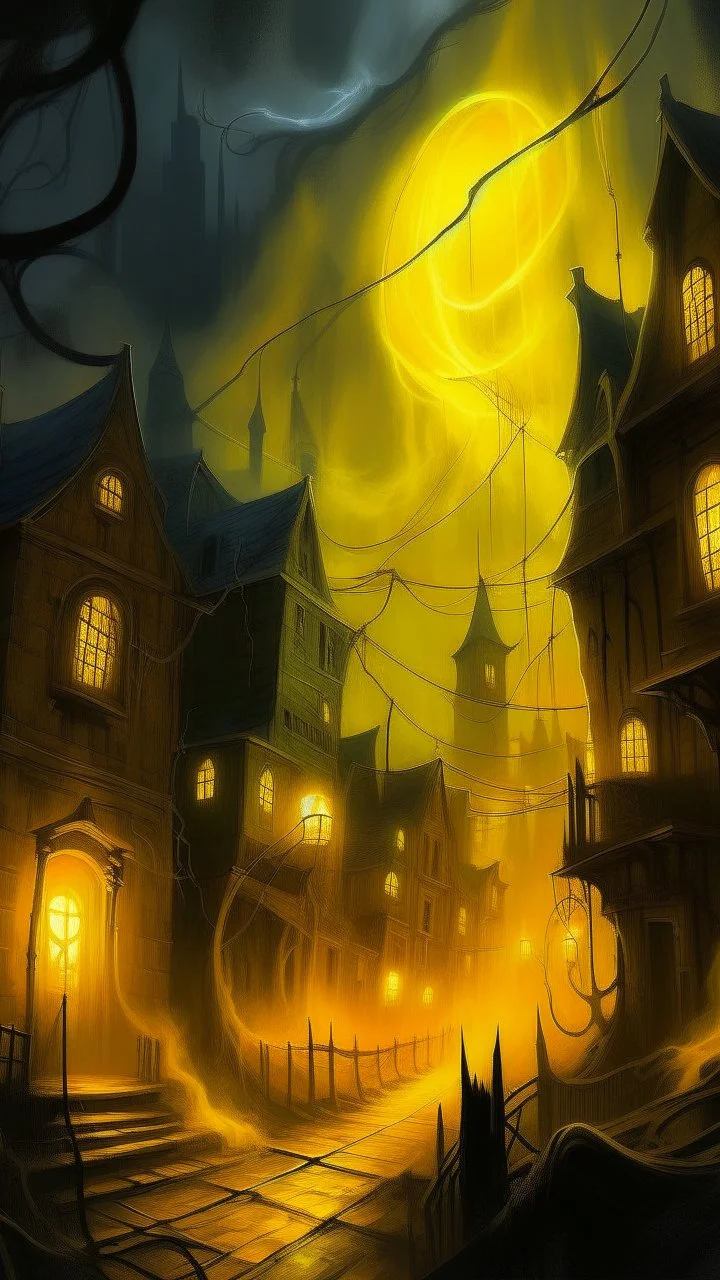 A yellow spooky haunted glowing electrical city painted by Giovanni Battista Sassi