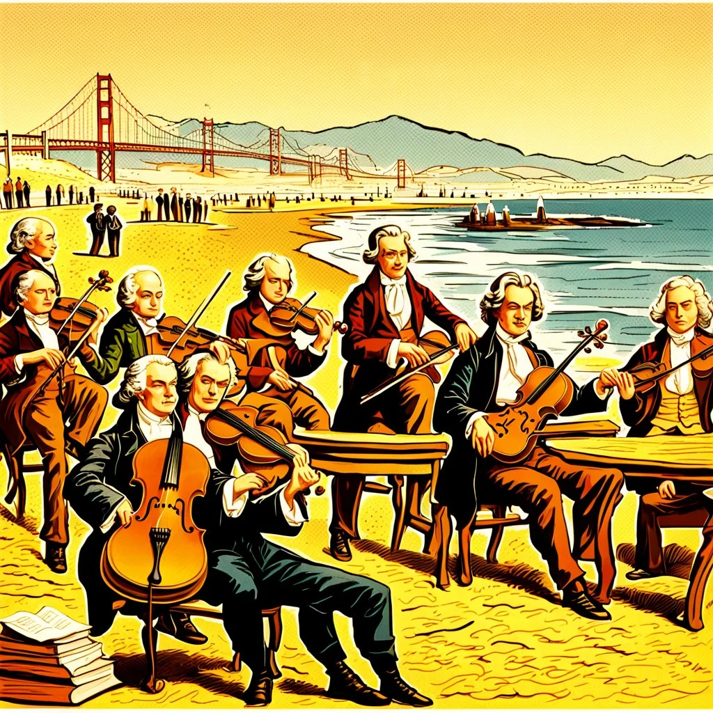 Ludwig van Beethoven, Johannes Brahms, Wolfgang Amadeus Mozart, Antonin Dubzek and Johann Sebastian Bach stand on the boardwalk on the beach in San Francisco and play violins in front of children, men and women who sit on the floor and listen to them,