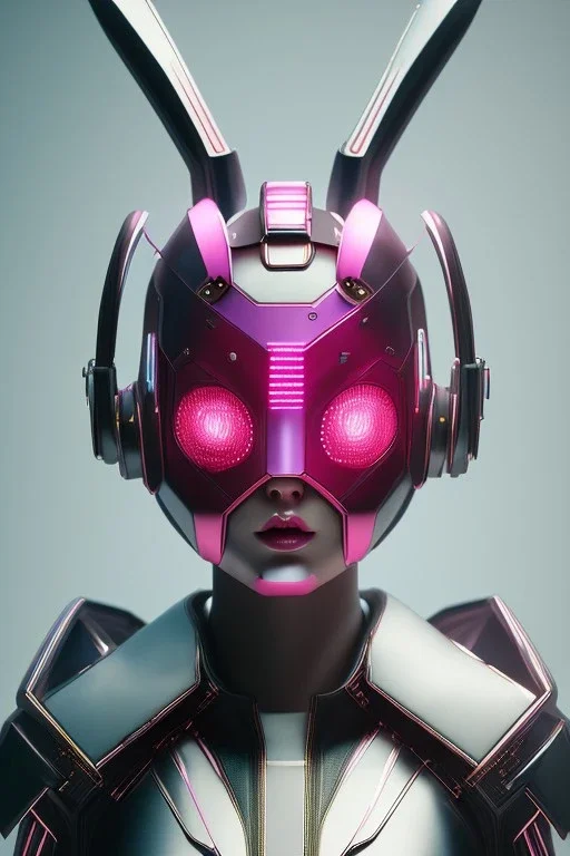 Portrait Sweet Rabbit ceramic mask, bondage, pink suit, cyberpunk, photo studio, black background, unreal engine 5, concept art, ray tracing, lumen lighting, ultra detail, volumetric lighting, 3d.