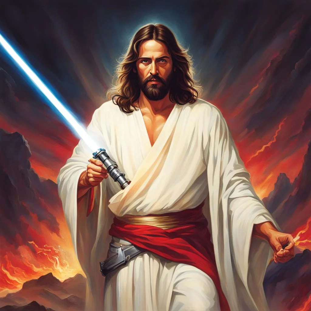 Jesus with a lightsaber opening the belly of the devil