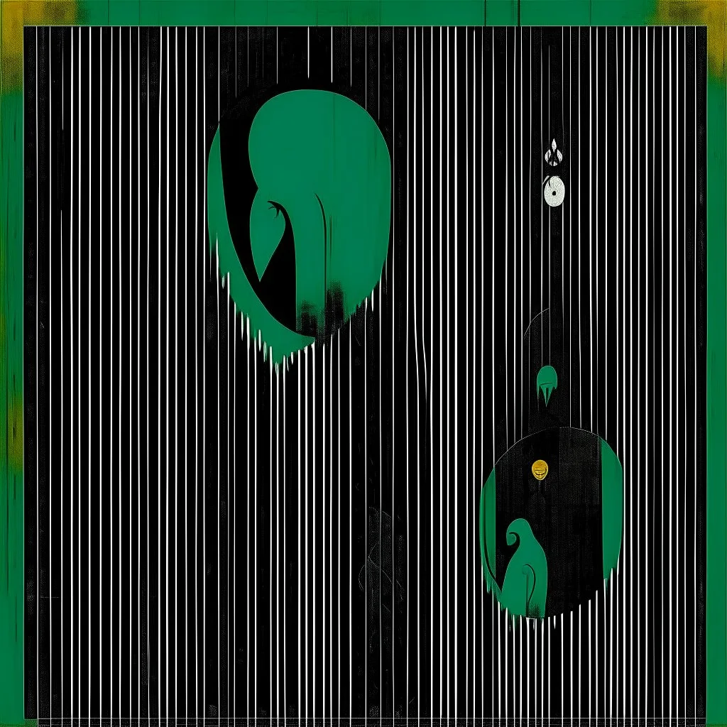 Negotiating dream frequencies culvimating in a fetal absurdity, by Gabriel Pacheco, by Colin McCahon, ink illustration, Green and black color scheme, abstract surrealism, art nouveau
