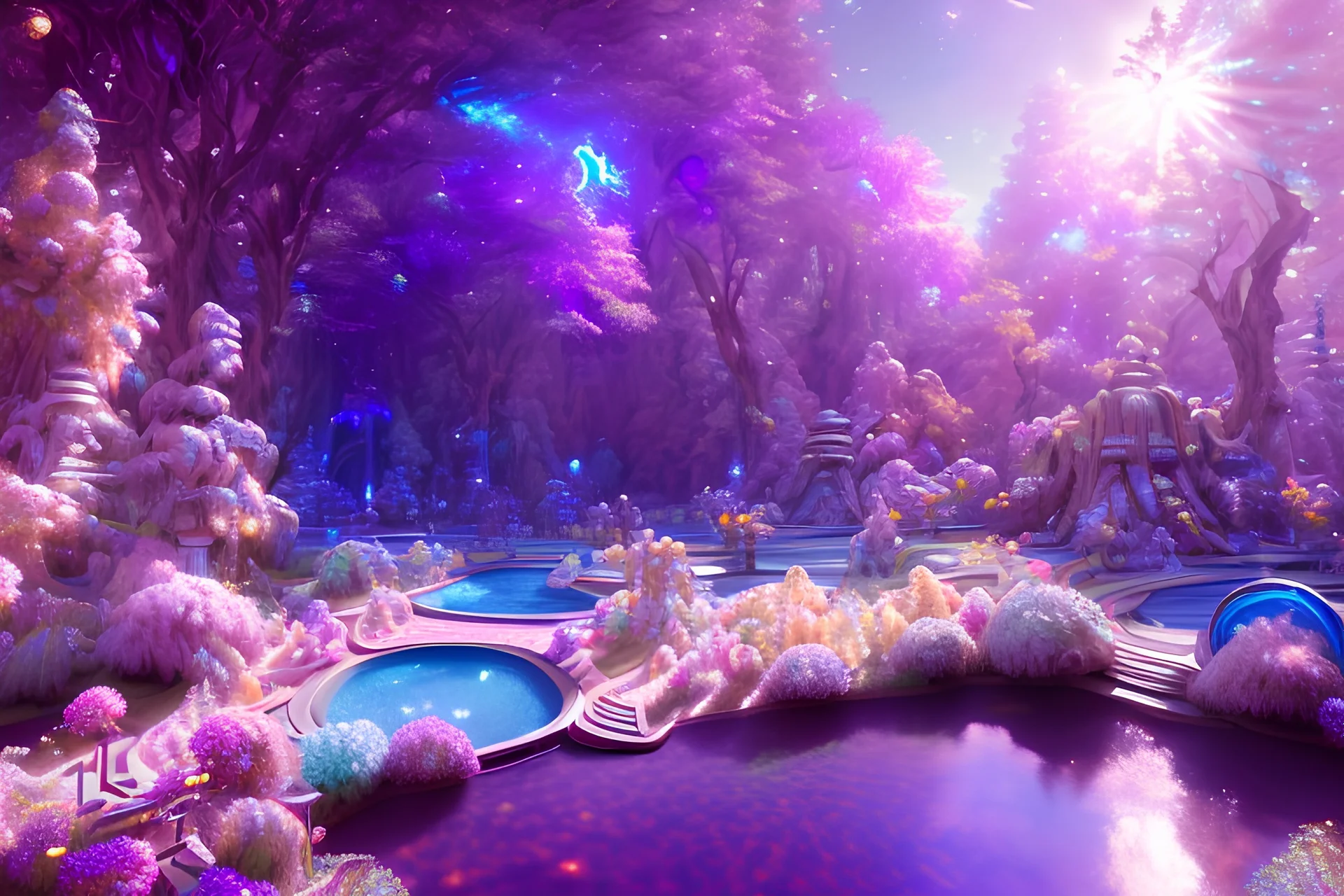 white and purple crystal galactic ambiance cinema4d tunnel field pools lighting sky, full of details, smooth, bright sunshine，soft light atmosphere, light effect，vaporwave colorful, concept art, smooth, extremely sharp detail, finely tuned detail, ultra high definition, 8 k, unreal engine 5, ultra sharp focus