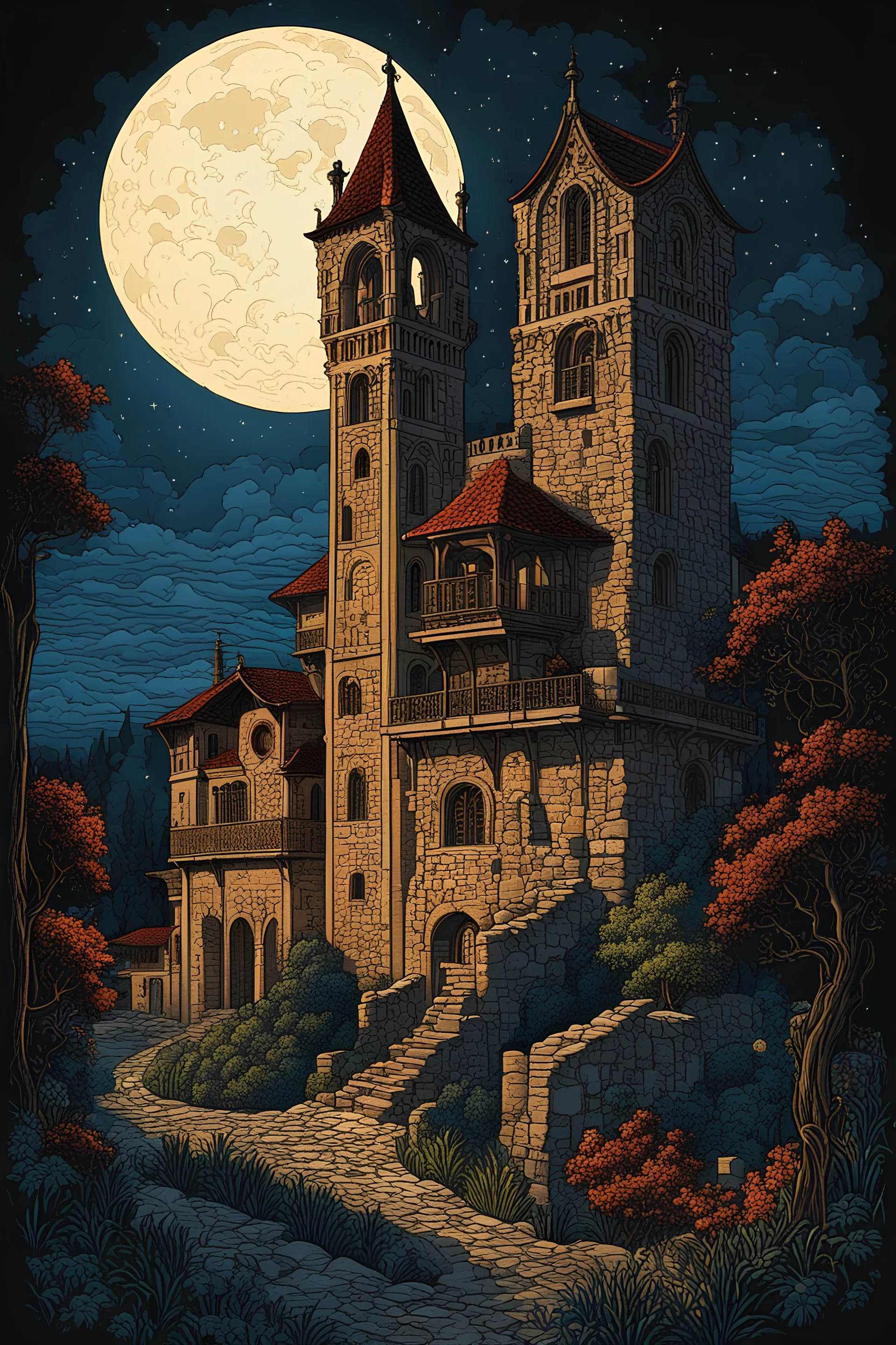 museum quality color woodcut landscape of a fanciful medieval Italian tower house inhabited by vampires, with highly detailed stonework in 10th century Florence on a dark summer moonlit night, in the style of Gustave Baumann, with a fine art aesthetic, highly detailed, finely cut ,8k render, soft early summer colors