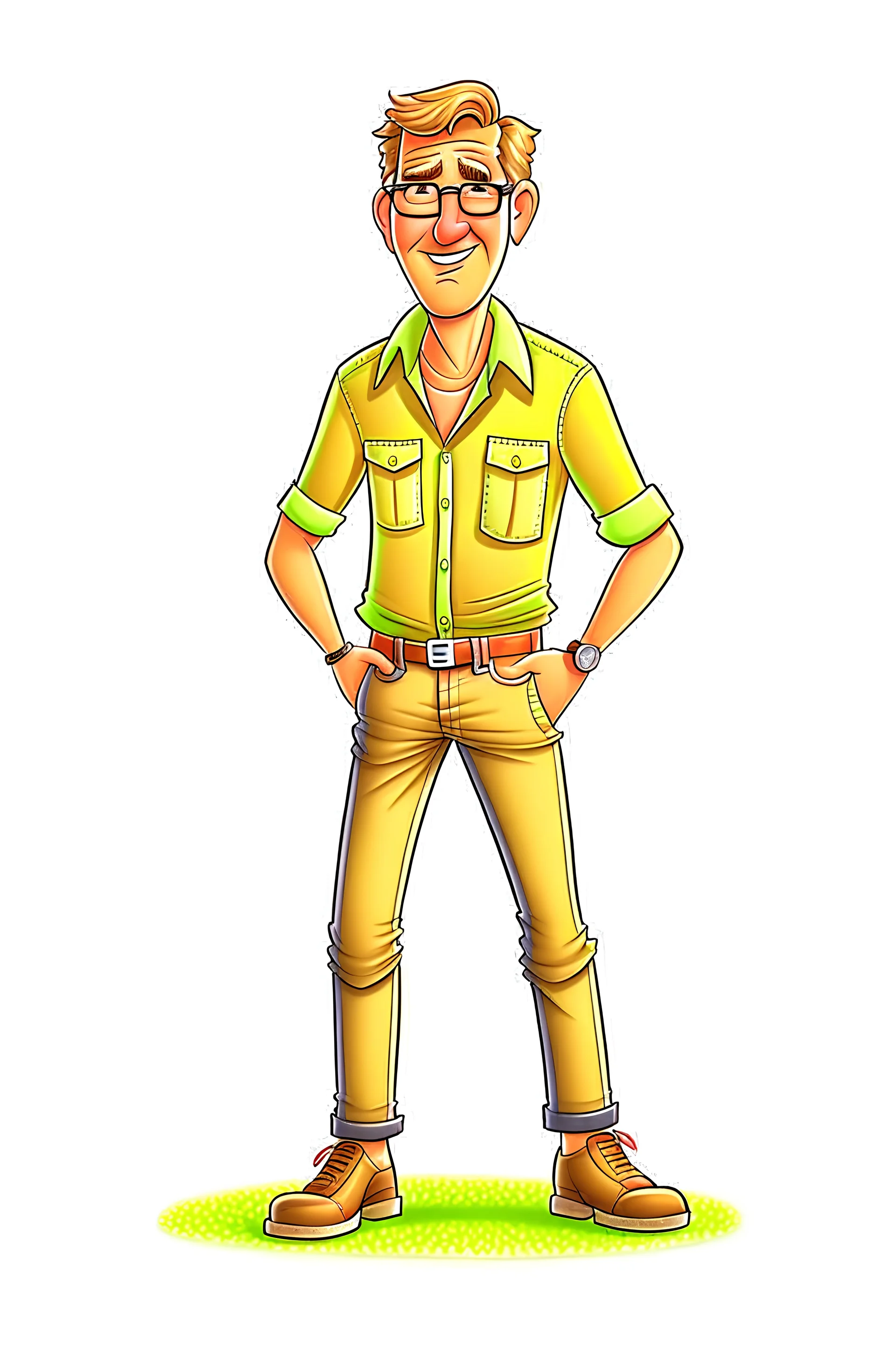 Illustration of a realistic teacher, caricature, glasses, Harrison Ford style, cute in shorts, jeans, brown shoes