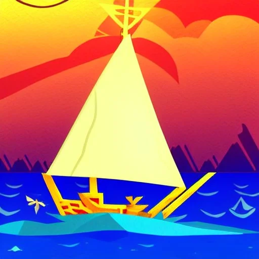 Legend Of Zelda: Wind Waker style Small wooden ship, with bright sails, on a vast ocean, stylized, celshaded, colorful, adventurous, full view.