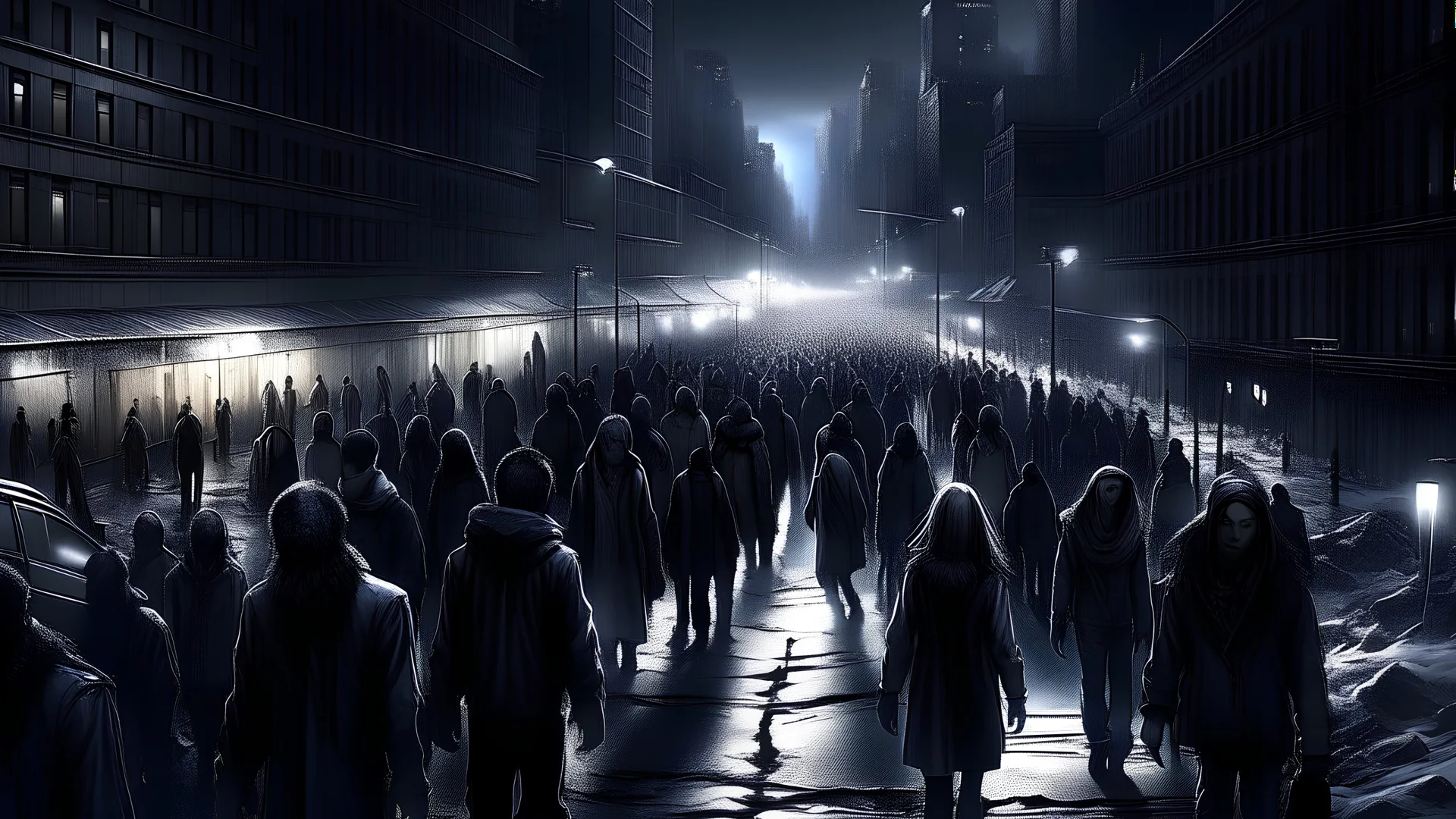 community, many people, on the vity road, face,high detail, smooth render, city scenery, down-light, dark winter