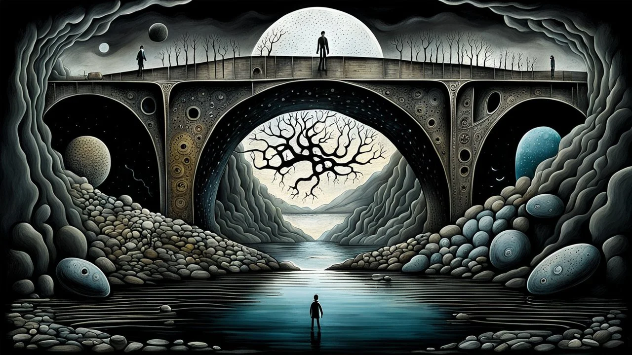 painted inner world with uncontrolled mind and neurodivergens soul, floating rocks over surreal cracked weird landscape . between two dark door one stone bridge over black river, . deep dark colors. Whimsical strange style of Chagall, of Quentin Blake, andYoshitaka Amano of Anton Semenov. some black human creature sitting , flotaing, walking in picture, weird absurd beauty nightmare, black shadow, in background neuronic network, surreal vibe,
