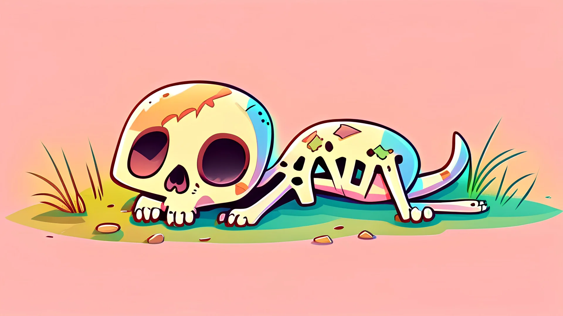 Cute chibi-style bony animal skeleton, lying on the ground, cartoony, colorful, exaggerated, simplified, adorable