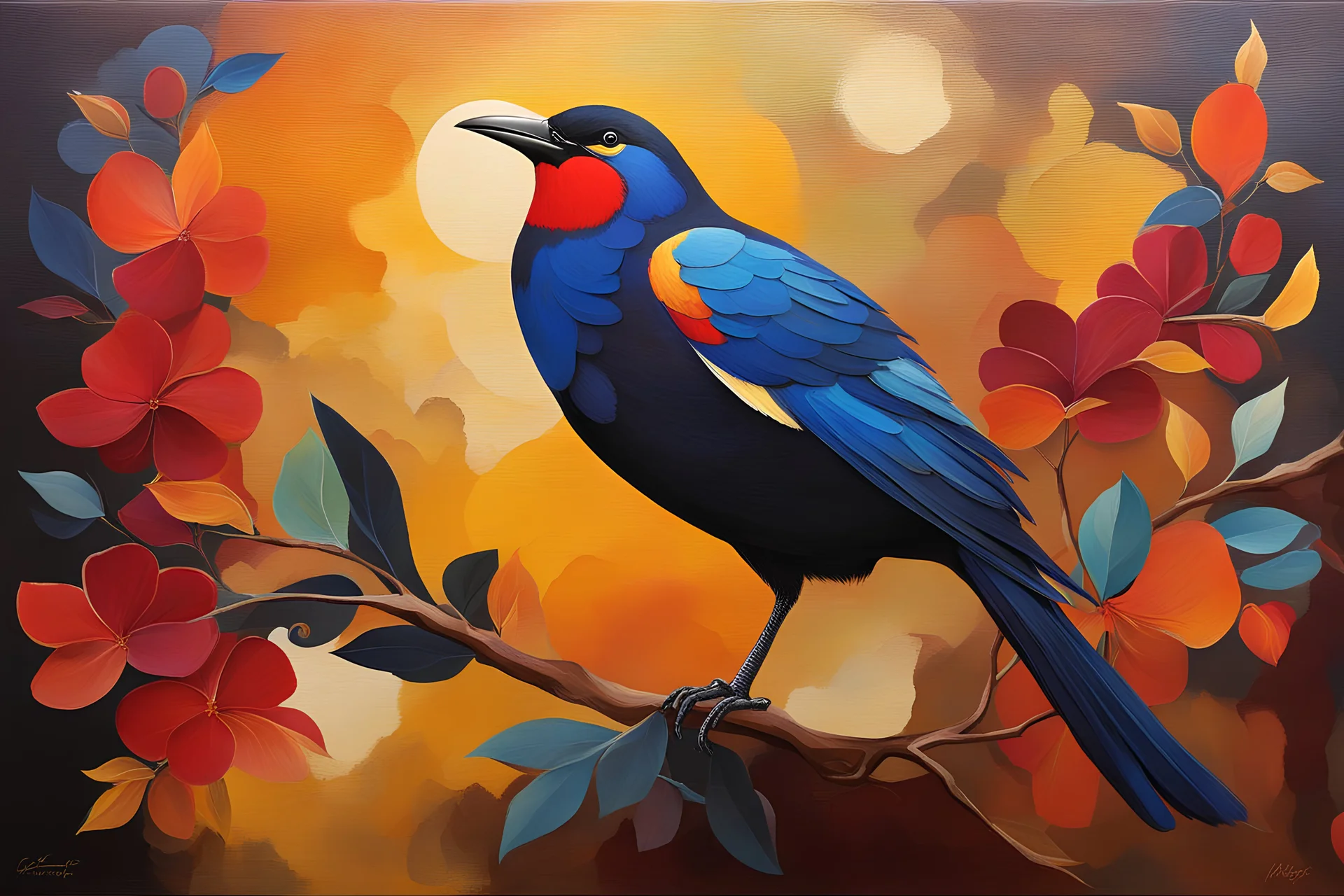 Create a painting of mysterious fortune Bird for wealth and busines growth, earthen background, vibrant rich dark colors combining with bstract shapes and warm color palettes, letting the painting take on an organic and earthy vibe