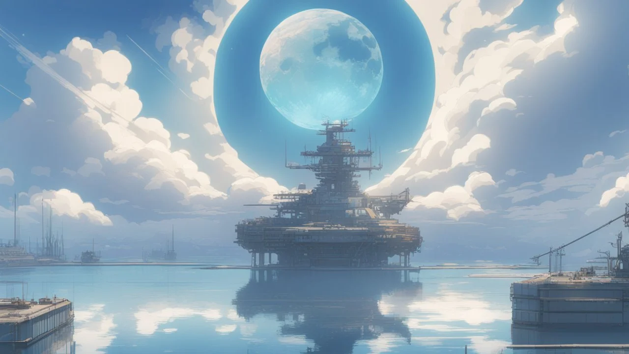 giant half transparent moon, glitchy, blurry, mechanical, sci-fi, maximum quality, centered on frame, far view, seasidel, white sky with cumulonimbus, anime, makoto shinkai style, japanese harbor