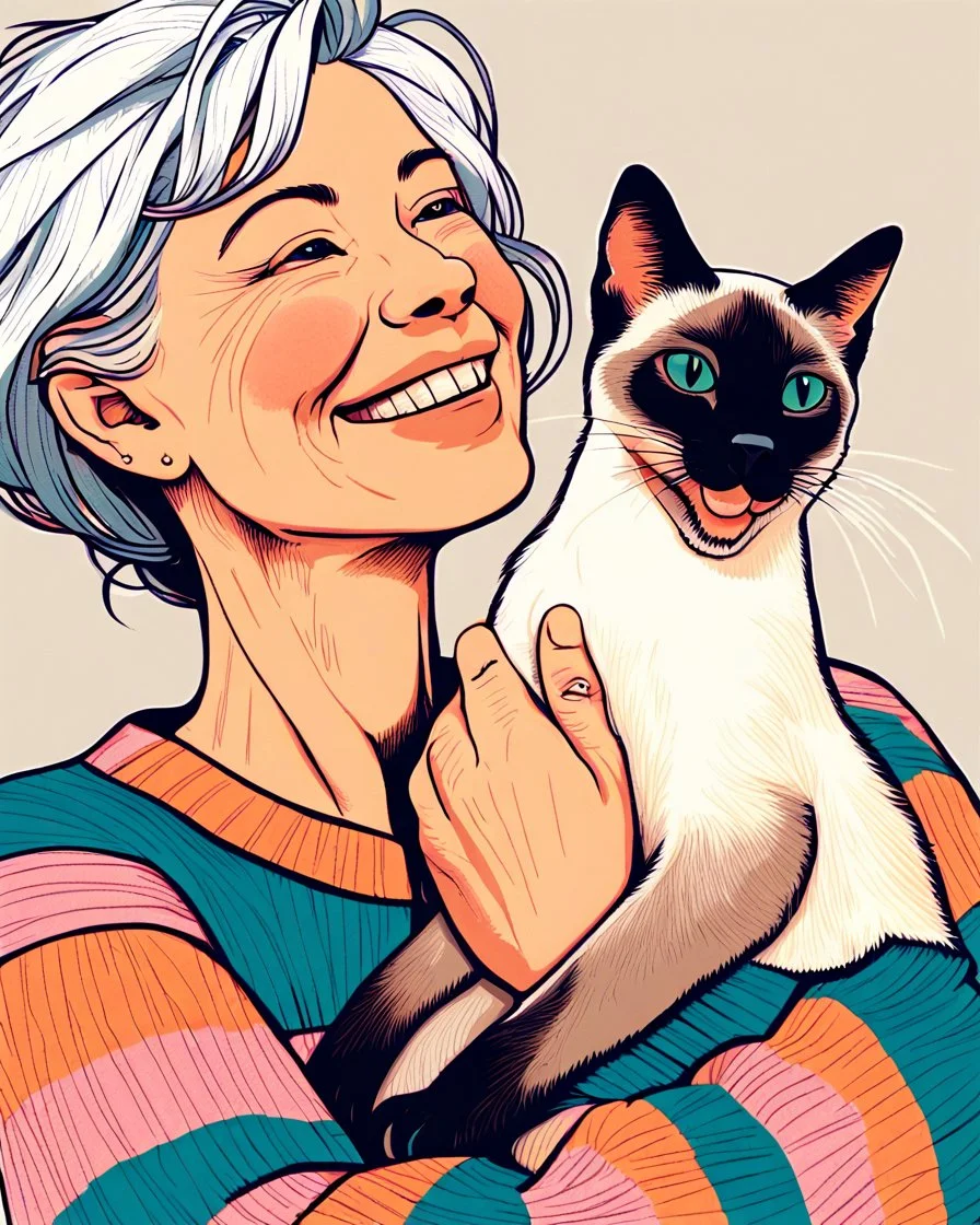 PROMPT:Silver haired mature woman] with playful facial expression hugging a joyful [Oriental shorthair Siamese cat], wearing [casual clothes], in a charming hand-drawn illustration style with [bright colors], flat background, minimal color palette, side profile composition, textured fills, bold outlines, simple whimsical shapes