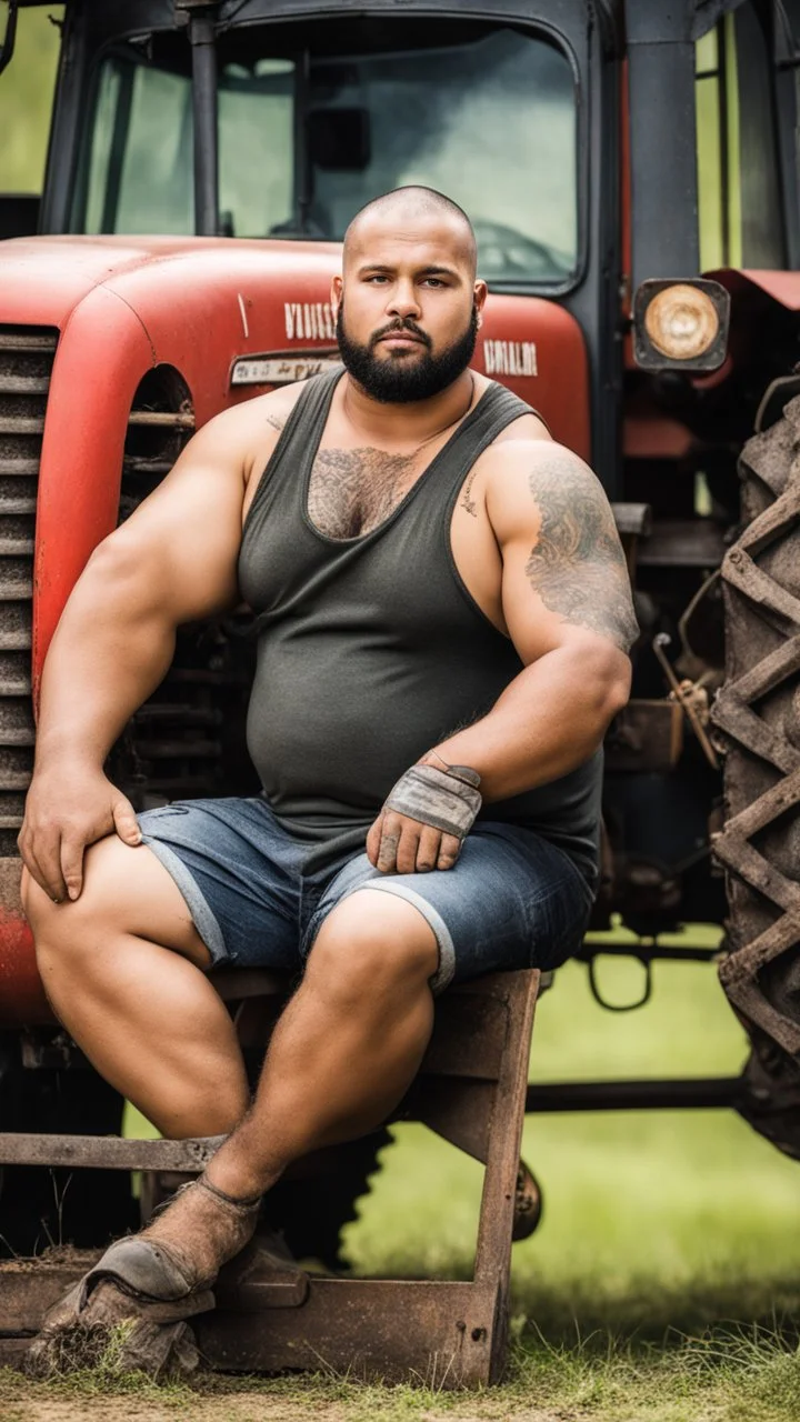 half figure photography of a burly chubby overweight muscular brazilian farmer 25 years old, sweat near a tractor, short curly hair, tattoo, big goatee, manly chest, dirty tank top and dirty boxer , hand on the fap, tank top with dirty overalls, on the door of a large barn, under the sun