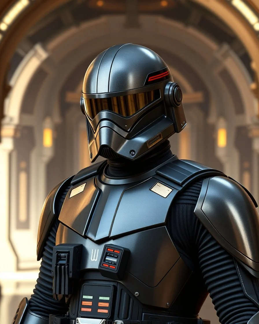 star wars bald male corellian pilot wearing pearlescent black and gunmetal grey First Order special forces heavy assault stealth commando armor and helmet with mirrored visor and gold and metallic red trim inside the jedi temple, hyperdetailed, dynamic lighting, hyperdetailed background, 8k resolution, volumetric lighting, light skin, fully symmetric details