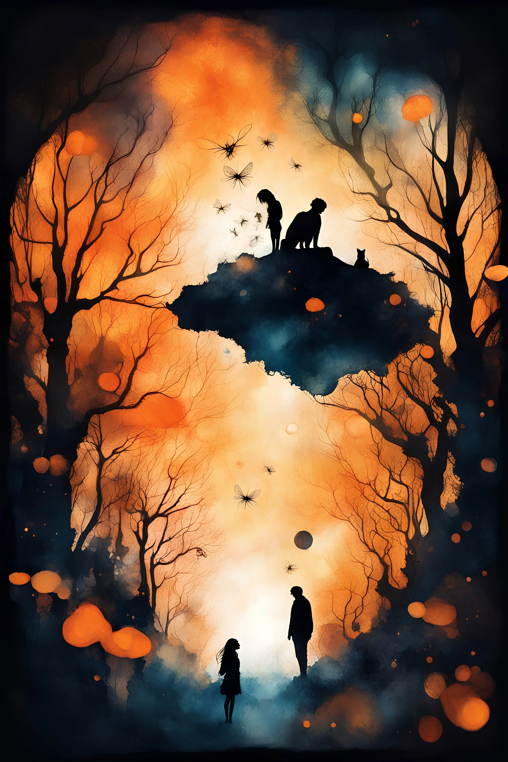 (Alcohol ink illustration), double exposure effect:1.6, abstract silhouette (pets), (Art by Yoan Lossel, Cyril Rolando, Nan Goldin, Lee Bontecou, Leusch), organic shapes, ethereality, high contrast, fireflies, backlighting, charcoal and different shades of orange dark, intricately detailed background landscape, sticker, 2d cute, fantasy, dreamy, vector illustration, 2d flat, centered, Tim Burton, professional, smooth, modern, minimalistic, graphic, line art, vector graphics
